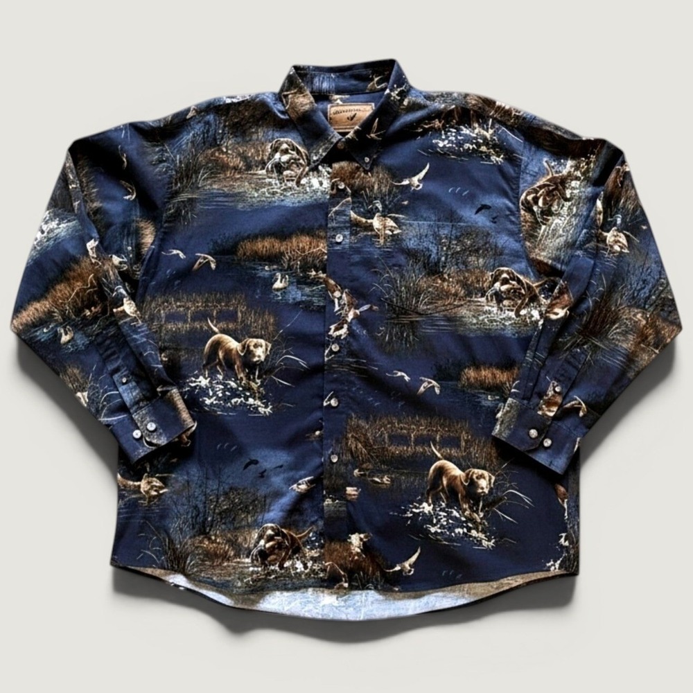 North River Outfitters Shirt Mens Large Blue Duck Hunting Dog Button Up Casual